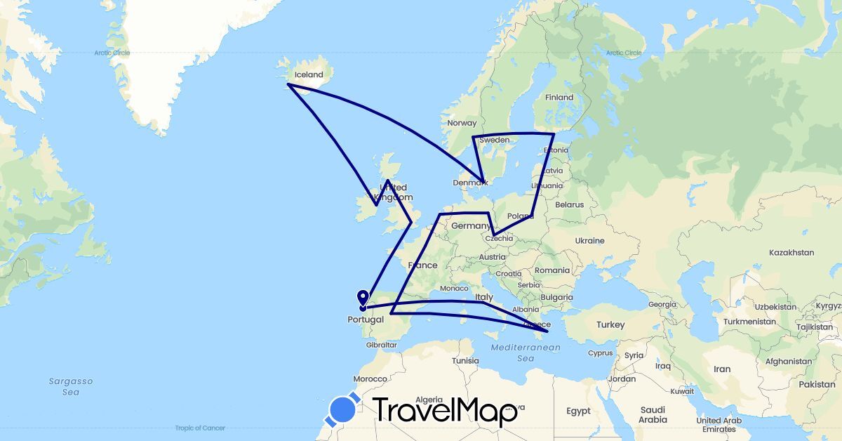 TravelMap itinerary: driving in Czech Republic, Germany, Denmark, Spain, Finland, France, United Kingdom, Greece, Ireland, Iceland, Italy, Netherlands, Norway, Poland, Portugal (Europe)